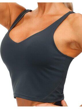 👑 Women's Charcoal Grey Sports Bra Longline Wirefree Padded Medium Cropped Tops